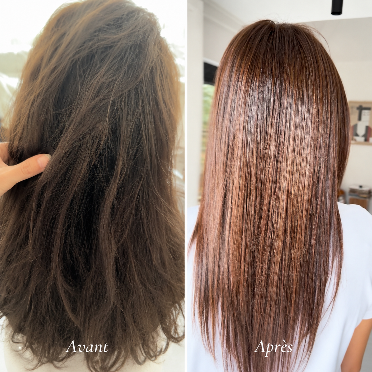 Avant après Botox capillaire sur cheveux bruns secs et abîmés – réduction des frisottis, cheveux plus lisses, brillants, disciplinés et visiblement réparés