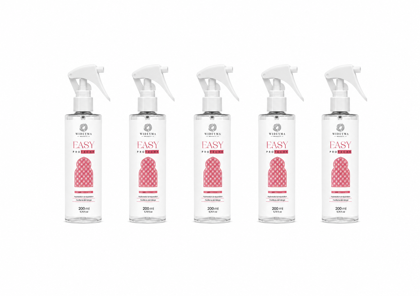 Lot de 5 sprays thermoprotecteurs Easy Protech+ Wideyma 200 ml pour la revente – protection thermique professionnelle jusqu’à 230°C, hydratation, réparation et démêlage des cheveux.