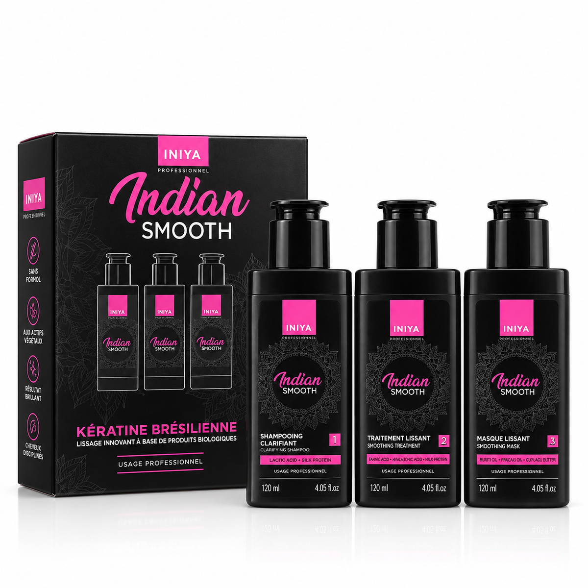 Mini Kit Lissage Iniya Indien & Tanin 3 x 120 ml – shampoing clarifiant, traitement lissant et masque post-lissage