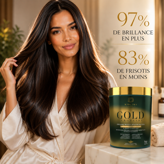 Botox capillaire professionnel Gold Wideyma Beauty, soin lissant hydratant anti-frisottis pour cheveux brillants et soyeux.