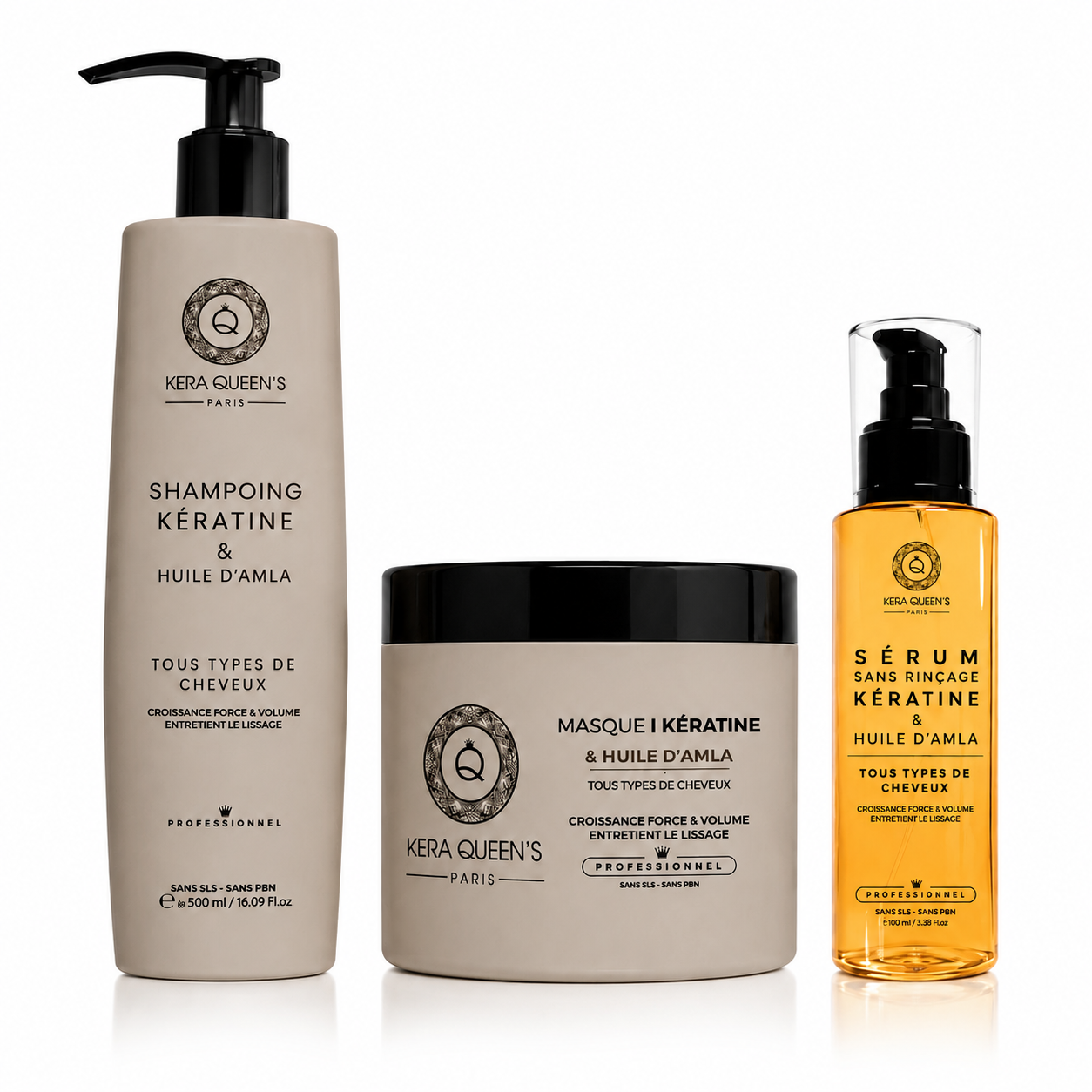 Kit entretien lissage à la kératine et huile d’amla – shampoing, masque et sérum pour cheveux déshydratés, cassants, croissance capillaire, force et volume