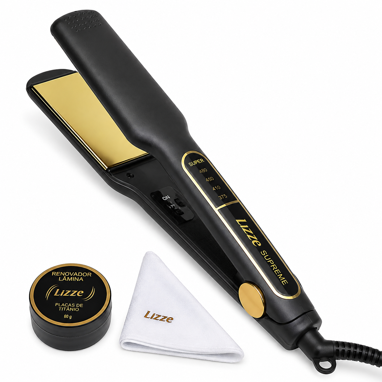 Lisseur professionnel Lizze Suprême à plaques larges en titane pour cheveux longs, épais, bouclés, frisés et crépus – lissage rapide, brillance miroir et résultat professionnel.