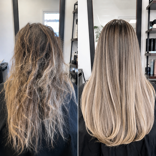 Soin réparateur pour cheveux très abîmés, secs, poreux et cassants. Avant après réparation de la fibre capillaire, hydratation intense, cheveux brillants, doux, soyeux et anti-frisottis.