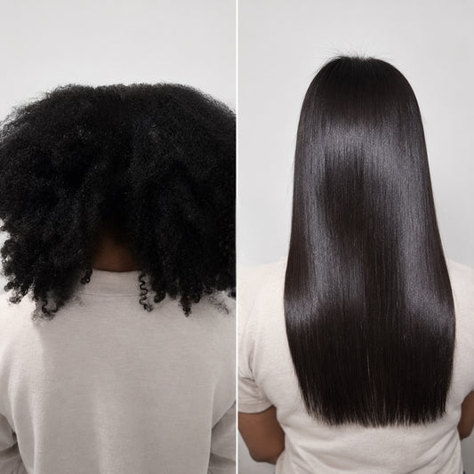 Résultat avant après lissage tanin Wideyma sur cheveux crépus et bouclés – effet lisse miroir sans frisottis