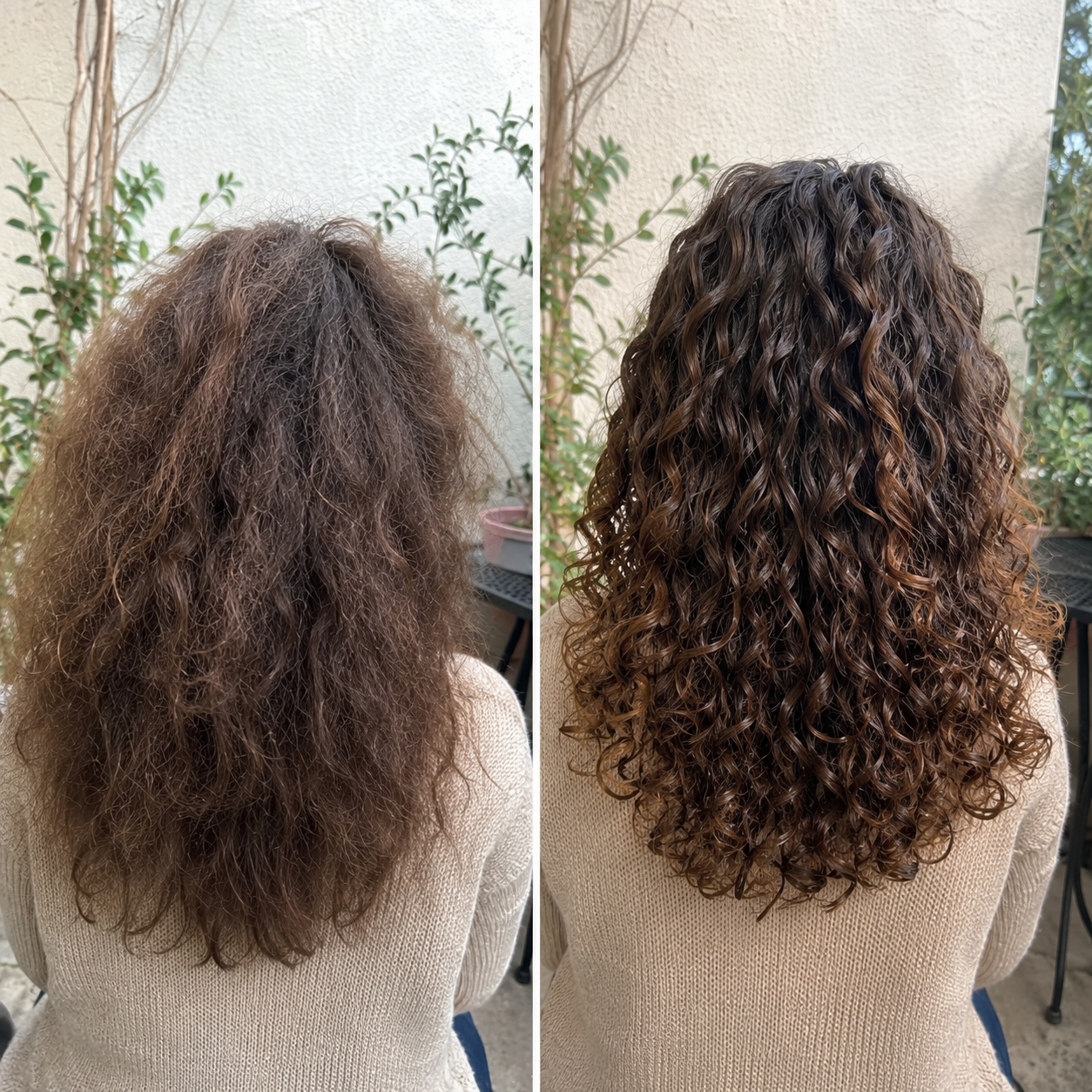 Avant après soin réparateur professionnel pour cheveux bouclés très abîmés, secs, brûlés et poreux. Boucles redéfinies, rebondies, hydratées, souples et brillantes, réparation profonde de la fibre capillaire, réduction des frisottis et effet naturel.