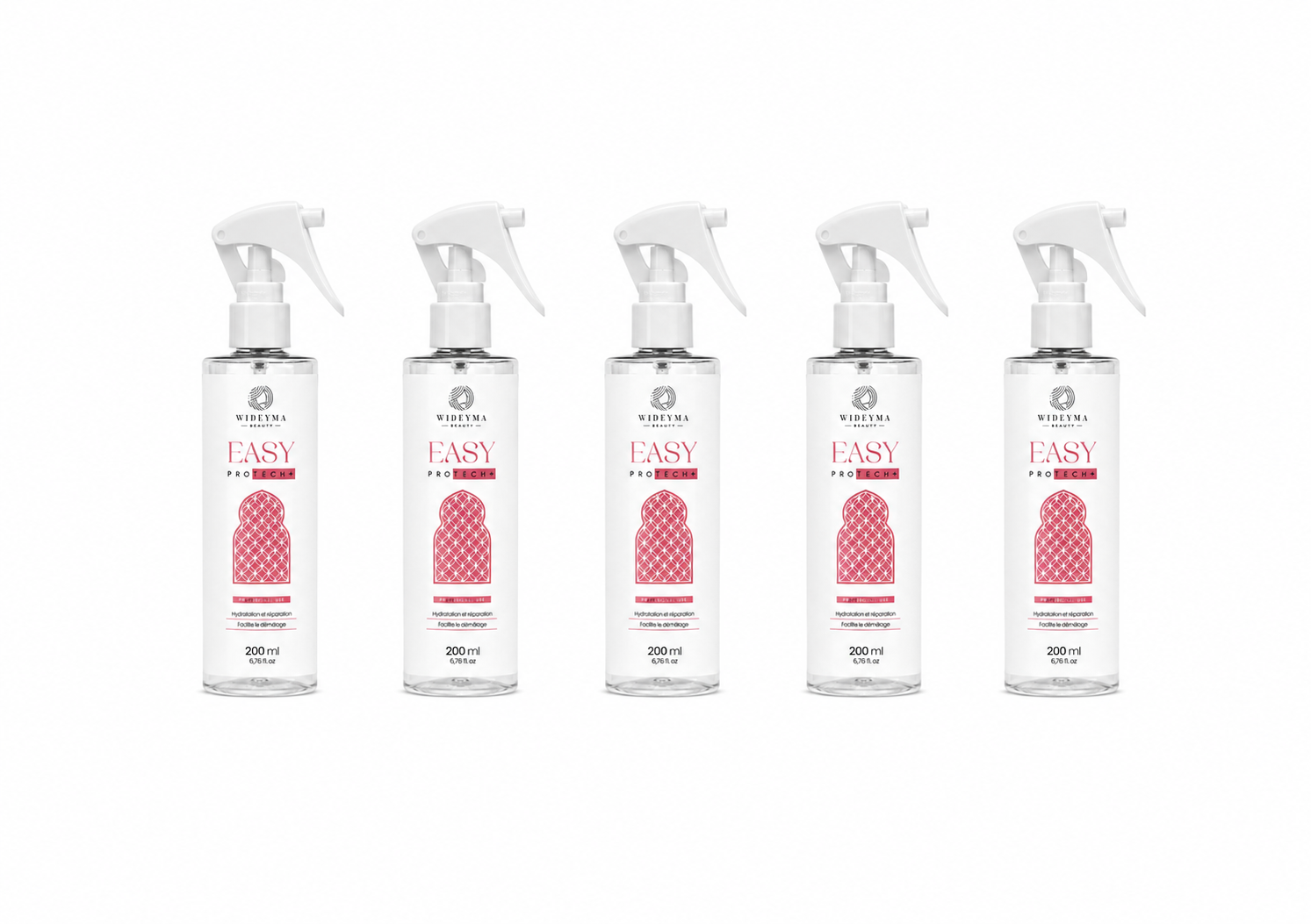 Lot de 5 sprays thermoprotecteurs Easy Protech+ Wideyma 200 ml pour la revente – protection thermique professionnelle jusqu’à 230°C, hydratation, réparation et démêlage des cheveux.