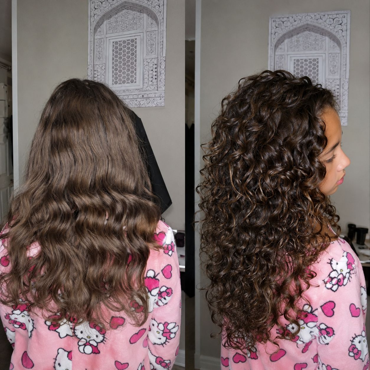 Avant après kit de boucles Wideyma, transformation de cheveux ondulés en boucles parfaitement définies, rebondies, brillantes et sans frisottis grâce à une routine pour cheveux bouclés.