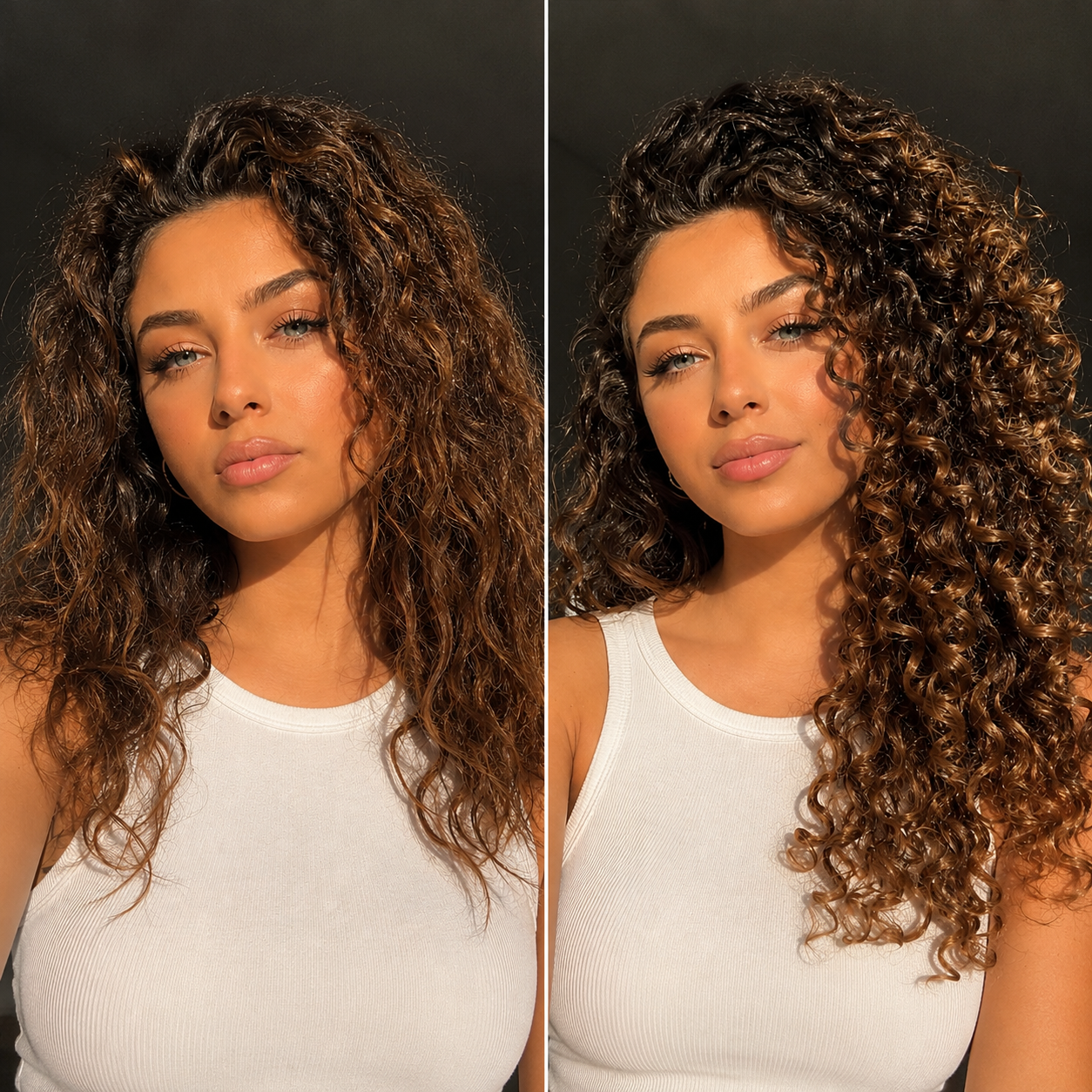Avant après routine entretien boucles sur cheveux bouclés et ondulés – transformation avec définition des boucles, réduction des frisottis et hydratation intense pour cheveux bouclés naturels.