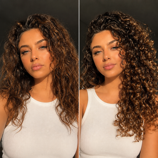 Avant après routine entretien boucles sur cheveux bouclés et ondulés – transformation avec définition des boucles, réduction des frisottis et hydratation intense pour cheveux bouclés naturels.