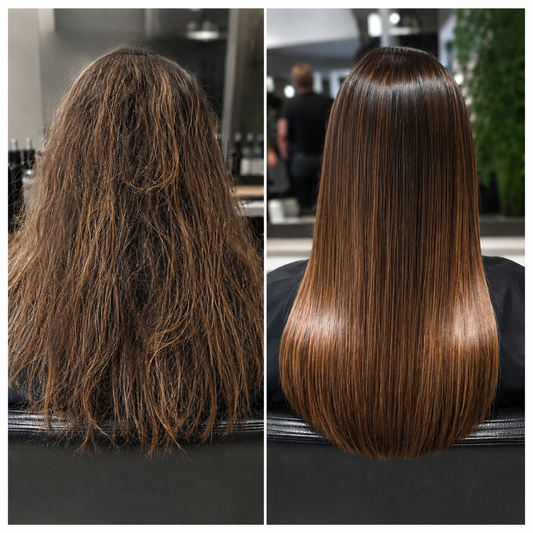 Avant après réparation capillaire cheveux très abîmés avec masque réparateur Blind’Age EM2H – transformation cheveux secs, cassants et ternes en cheveux lisses, brillants, gainés et hydratés