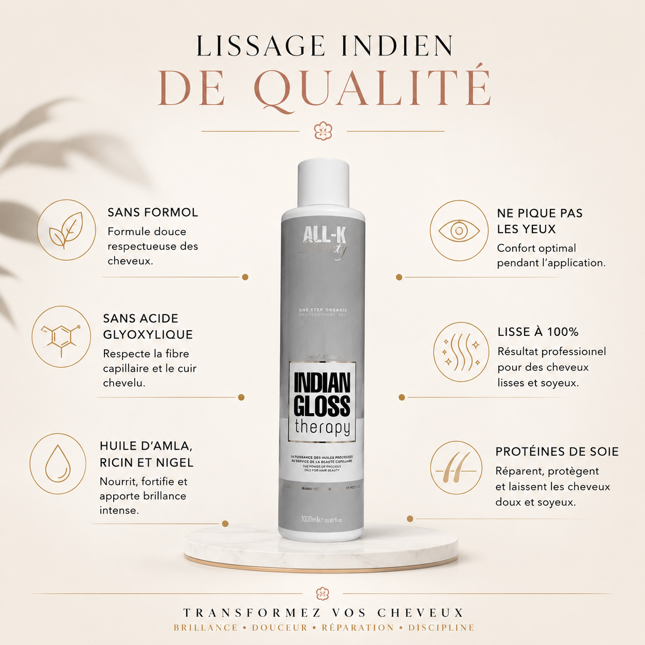 Indian Gloss Therapy All-K – lissage indien professionnel sans formol ni acide glyoxylique aux huiles d’amla, ricin, nigelle et protéines de soie