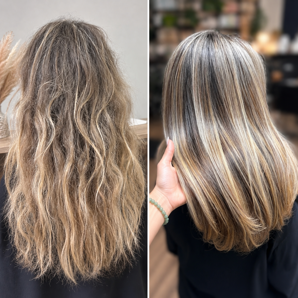 Résultat avant après d’un botox hydratant pour cheveux secs et ternes, soin capillaire professionnel réparateur apportant hydratation intense, brillance, douceur, réduction des frisottis et réparation des cheveux abîmés