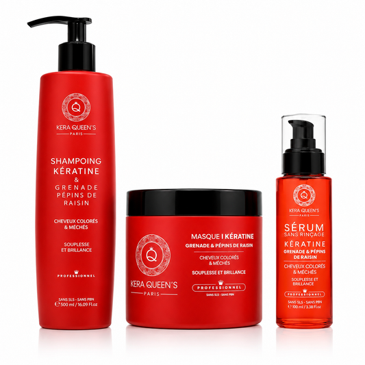 Shampoing cheveux colorés, masque et sérum Kera Queen's à la kératine, grenade et pépins de raisin – routine professionnelle protection couleur et brillance