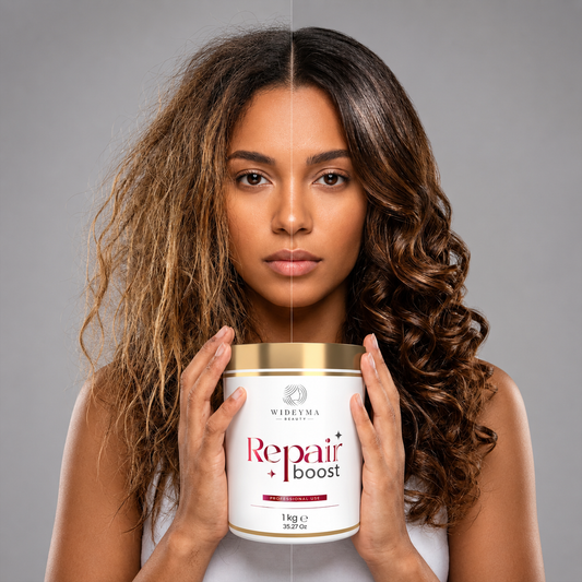 Avant après botox capillaire Repair Boost Wideyma – soin réparateur profond, effet gainant, réduction des frisottis, cheveux doux brillants et disciplinés tous types de cheveux