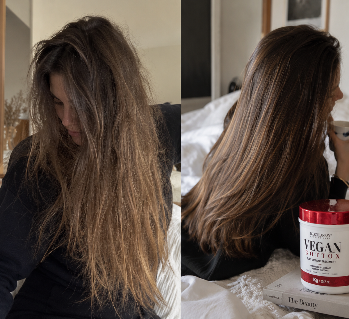 Cheveux secs et abîmés avant et après Botox capillaire reconstructeur Brazilian Bay – brillance, souplesse et cheveux disciplinés
