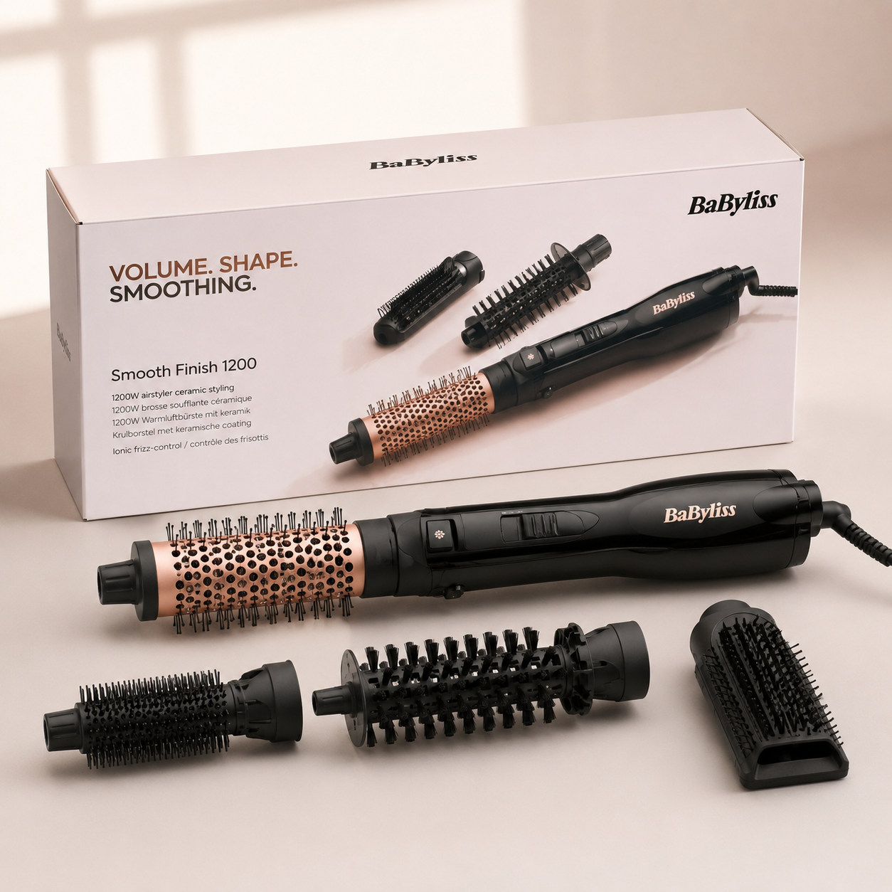 Brosse soufflante BaByliss Smooth Finish 1200 AS122E ionique céramique avec accessoires brushing et lissage pour cheveux longs, épais et bouclés