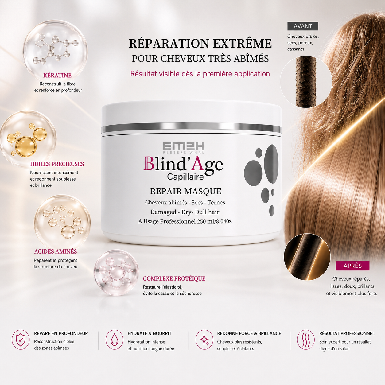 botox capillaire réparation extrême cheveux brûlés kératine soin professionnel EM2H blindage capillaire