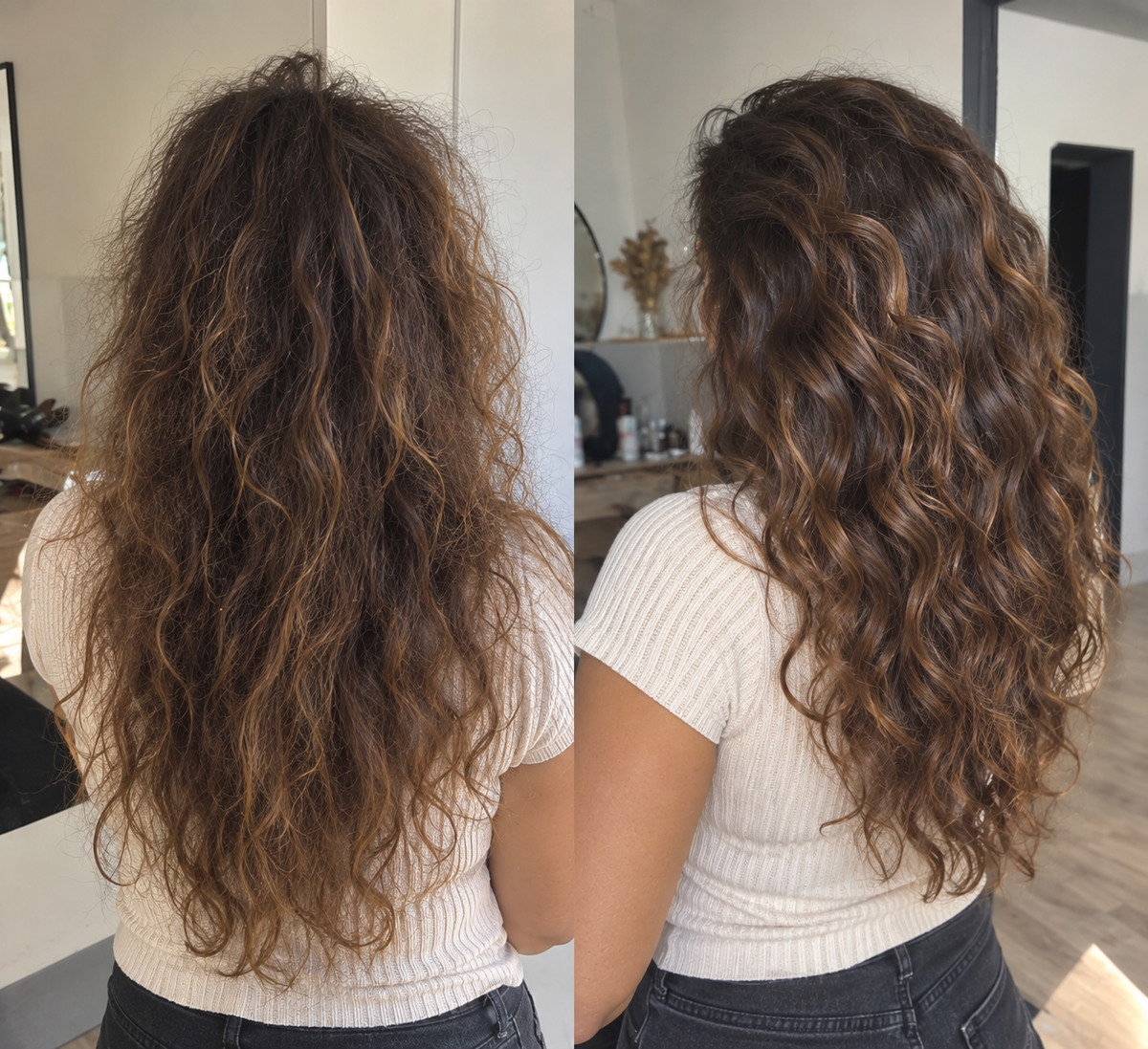 Avant-après Botox capillaire à l’huile d’argan et kératine sur cheveux bouclés – nutrition, brillance et boucles définies