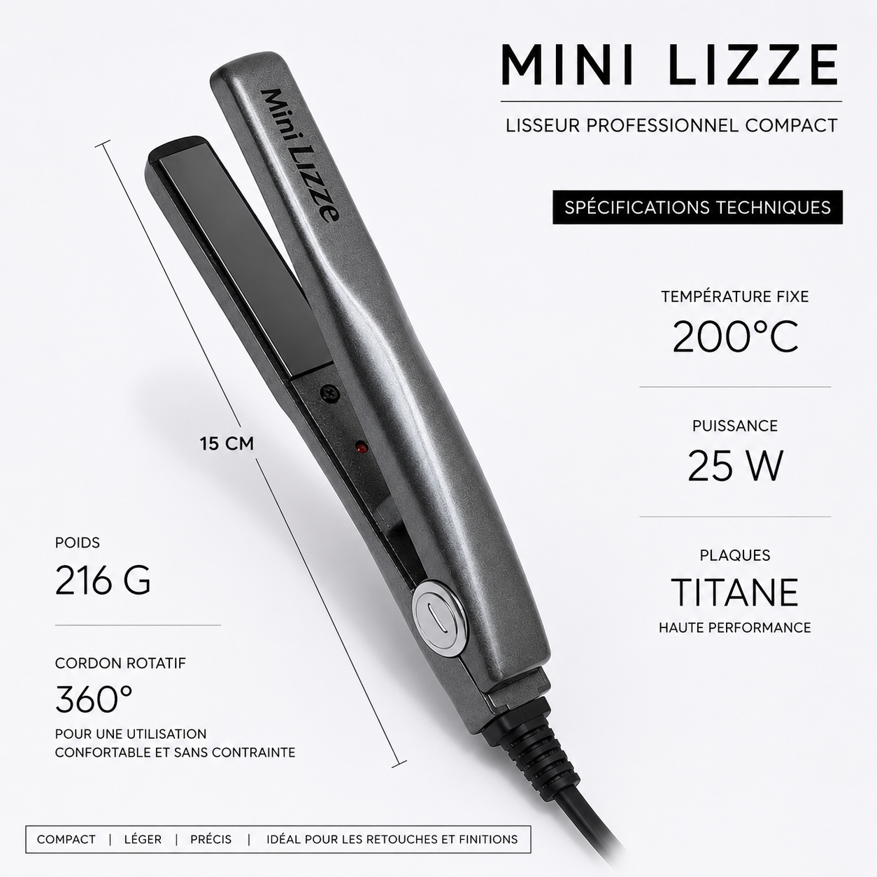 Mini lisseur professionnel Lizze compact 15 cm et 216 g – plaques en titane, température fixe 200 °C, puissance 25 W et cordon rotatif 360°