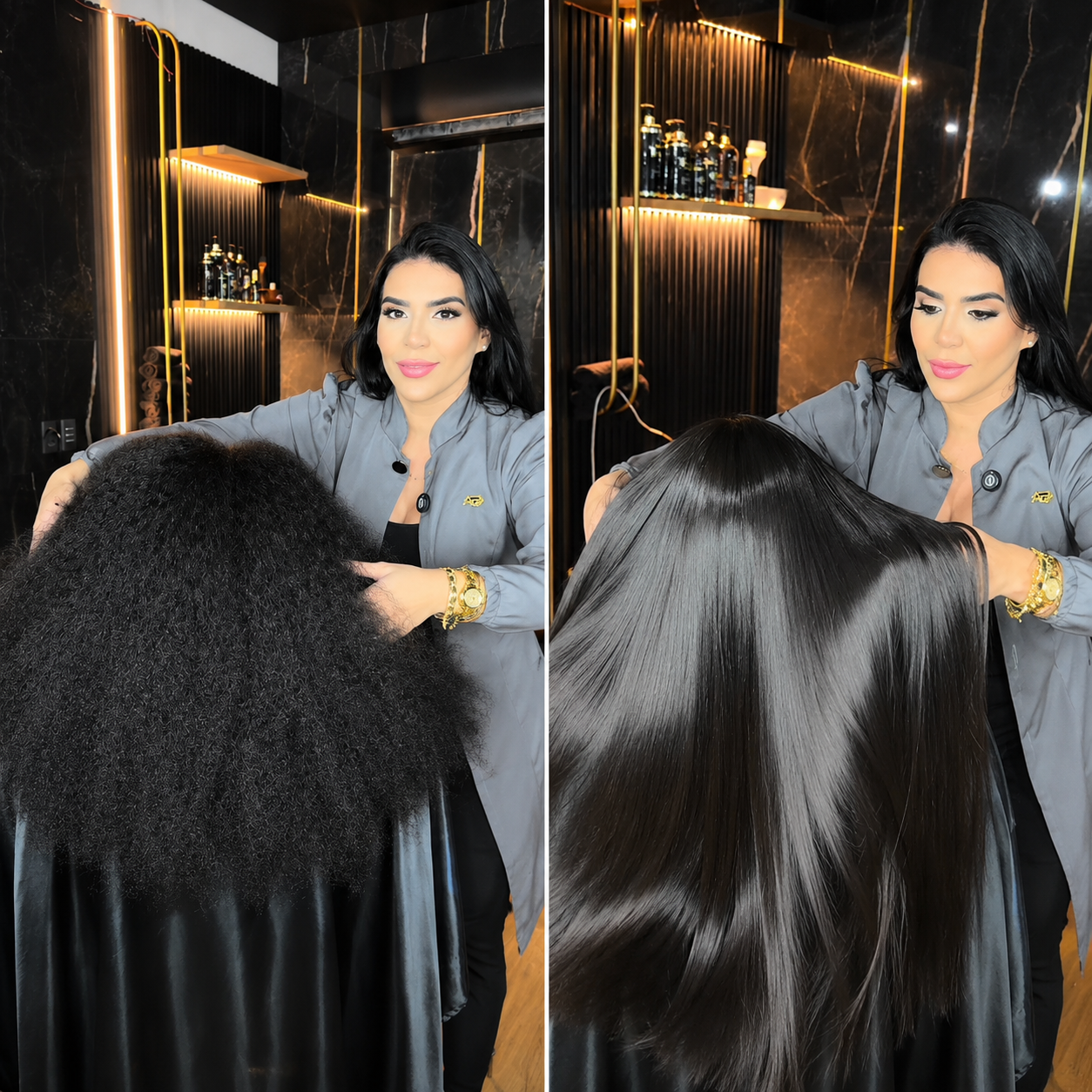 Avant après lissage brésilien Pantera Negra Ana Paula Carvalho sur cheveux frisés, transformation capillaire avec résultat lisse, brillant, discipliné et soyeux