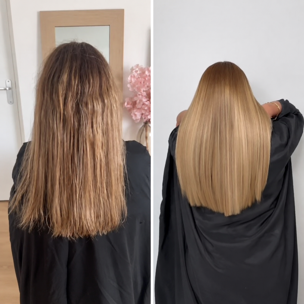 Avant après Lissage brésilien pour cheveux blonds indisciplinés 