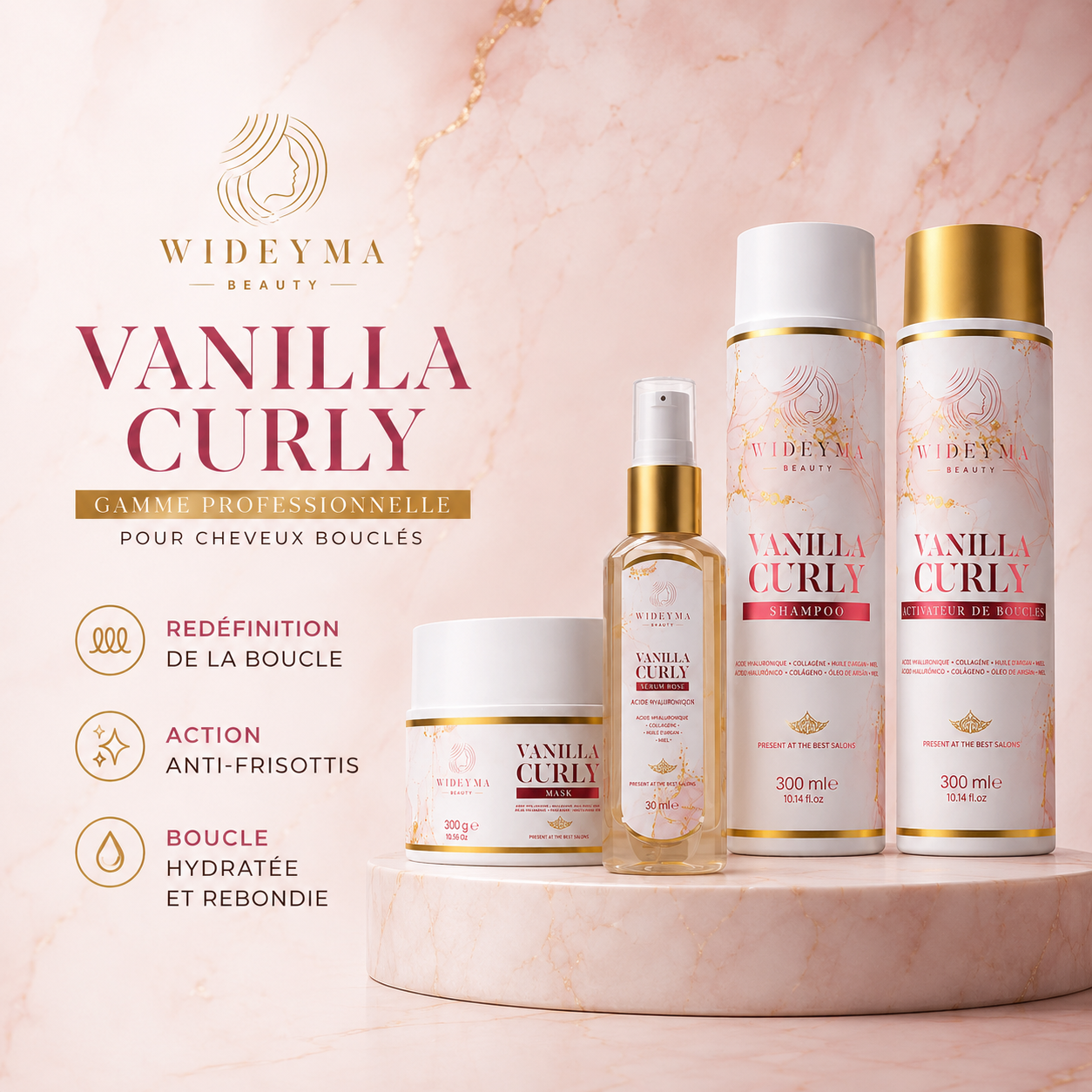 Vanilla Curly Wideyma, gamme professionnelle pour cheveux bouclés : shampoing, activateur de boucles, masque et sérum définition. Hydratation intense, redéfinition des boucles et action anti-frisottis.