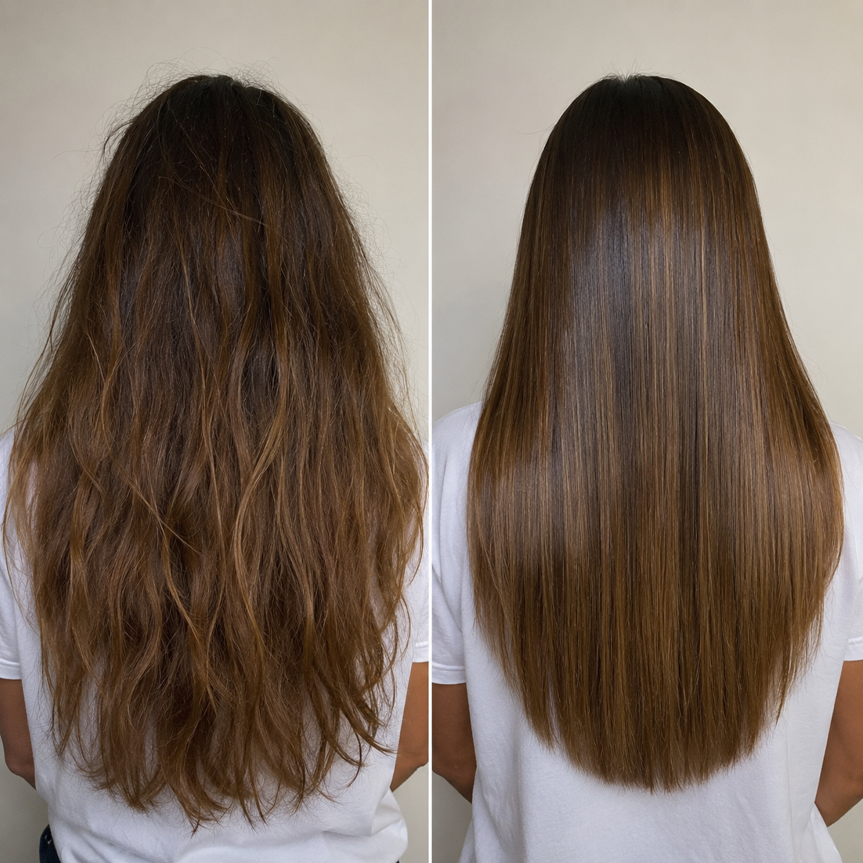 Avant après lissage kératine sans formol sur cheveux méchés, résultat lisse et brillant