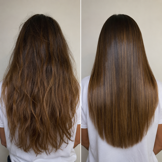 Avant après lissage kératine sans formol sur cheveux méchés, résultat lisse et brillant