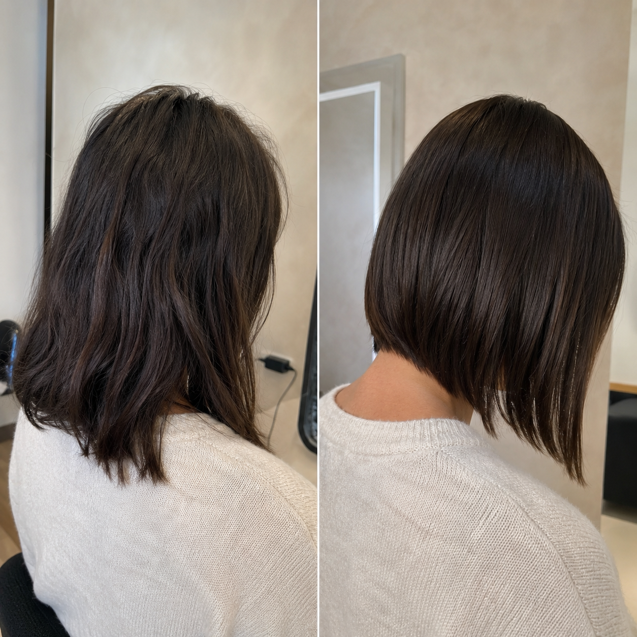 Avant après lissage kératine sans formol professionnel sur cheveux bruns coupe carré plongeant – résultat naturel anti-frisottis