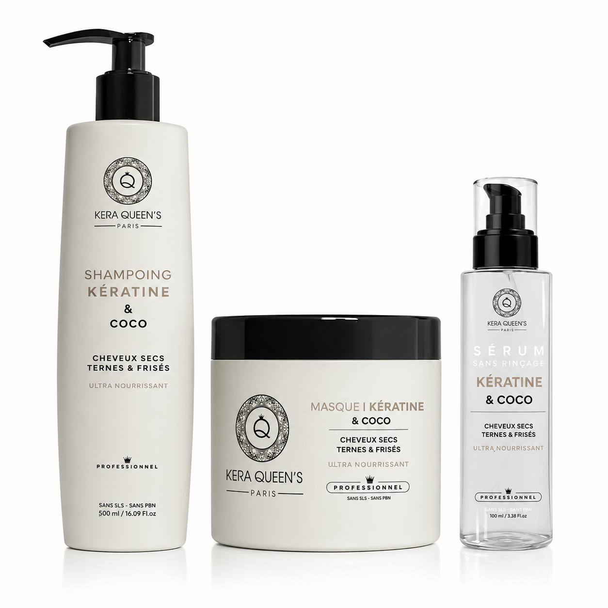 Kit entretien lissage Kératine Coco avec shampoing, masque et sérum sans sulfate pour cheveux secs, ternes et frisés
