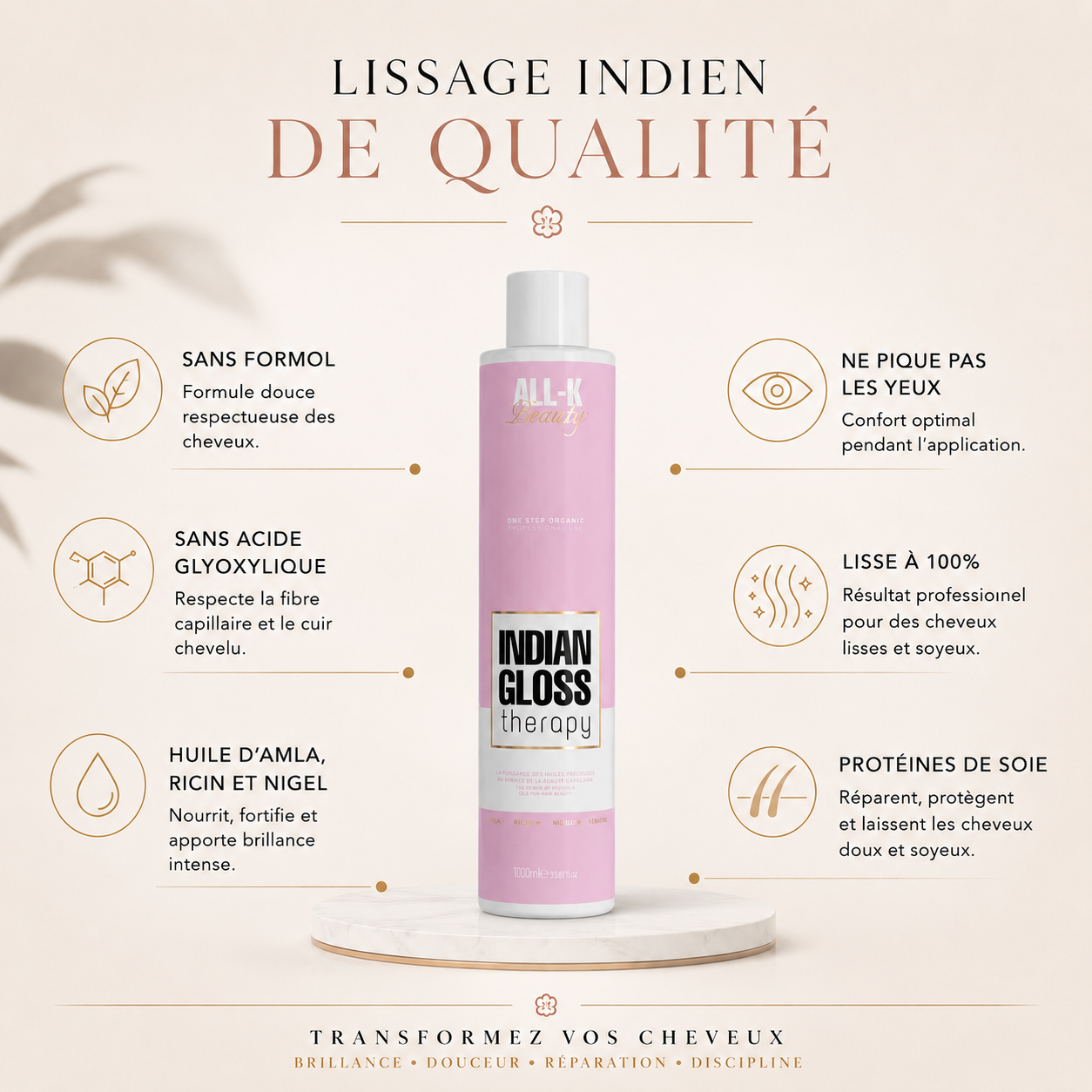 Indian Gloss Therapy – Lissage indien professionnel sans formol ni acide glyoxylique aux huiles d’amla, ricin, nigelle et protéines de soie