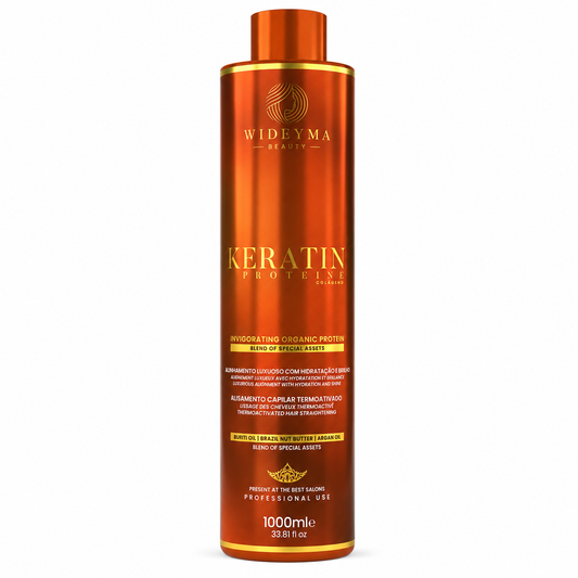 Lissage kératine professionnel Wideyma Beauty 1000ml pour cheveux fins, fragiles, cassants et en manque de densité, soin lissant enrichi en huile de buriti, huile d’argan et beurre du Brésil pour des cheveux lisses, brillants, renforcés et disciplinés.