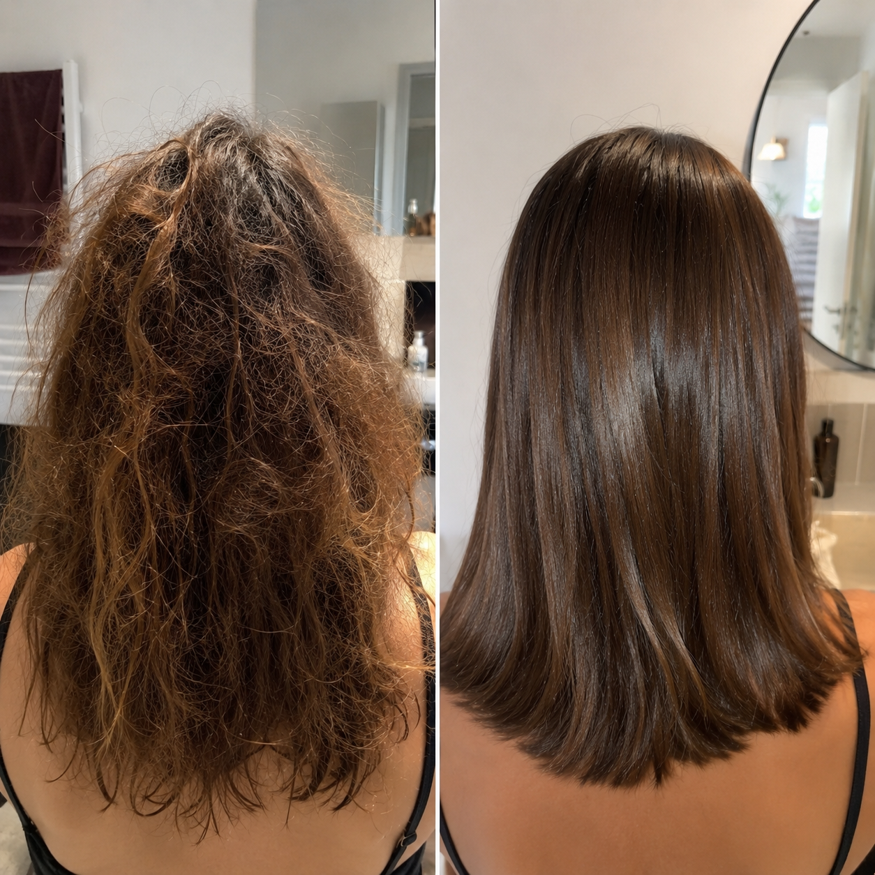 Avant après soin réparateur professionnel pour cheveux très abîmés, fourchus, secs, brûlés, cassants et poreux. Réparation profonde de la fibre capillaire, hydratation intense, cheveux doux, brillants, soyeux et anti-frisottis.