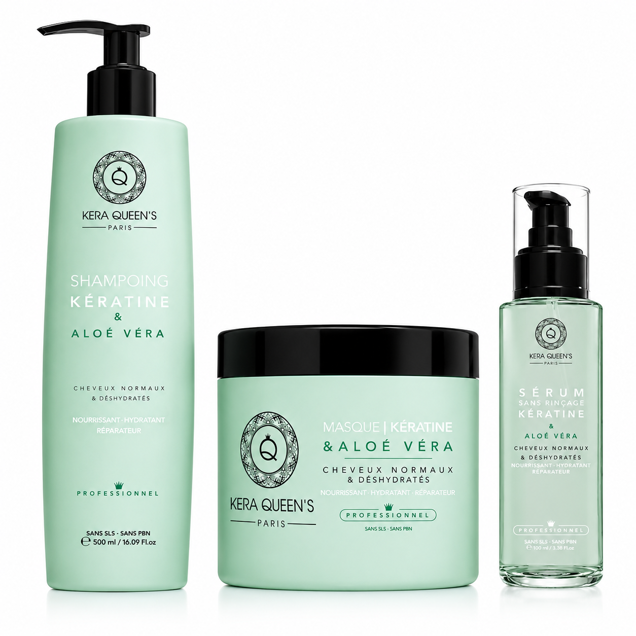 Kit shampoing kératine aloe vera Kera Queen’s Paris avec masque et sérum - soin cheveux secs, déshydratés, lissage brésilien et kératine