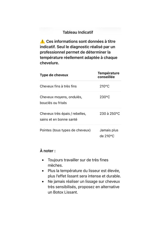 Tableau température lisseur professionnel pour lissage capillaire selon type de cheveux