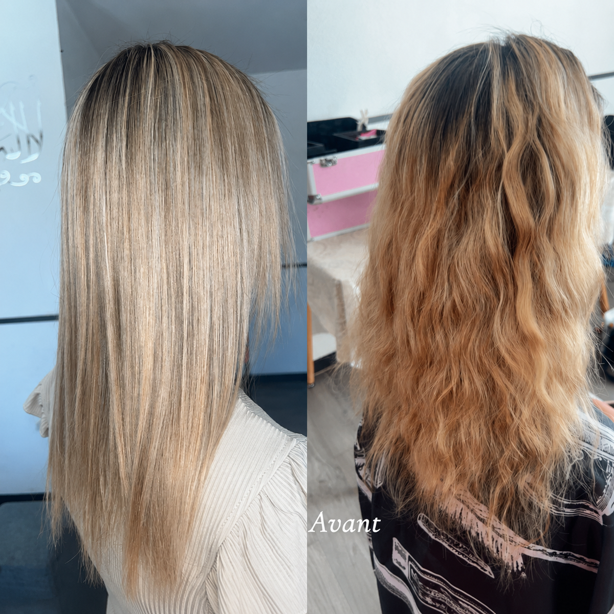 Avant après Botox Diamond sur cheveux blonds – soin capillaire qui illumine les blonds, neutralise les reflets indésirables et apporte brillance et effet pailleté aux cheveux bruns 