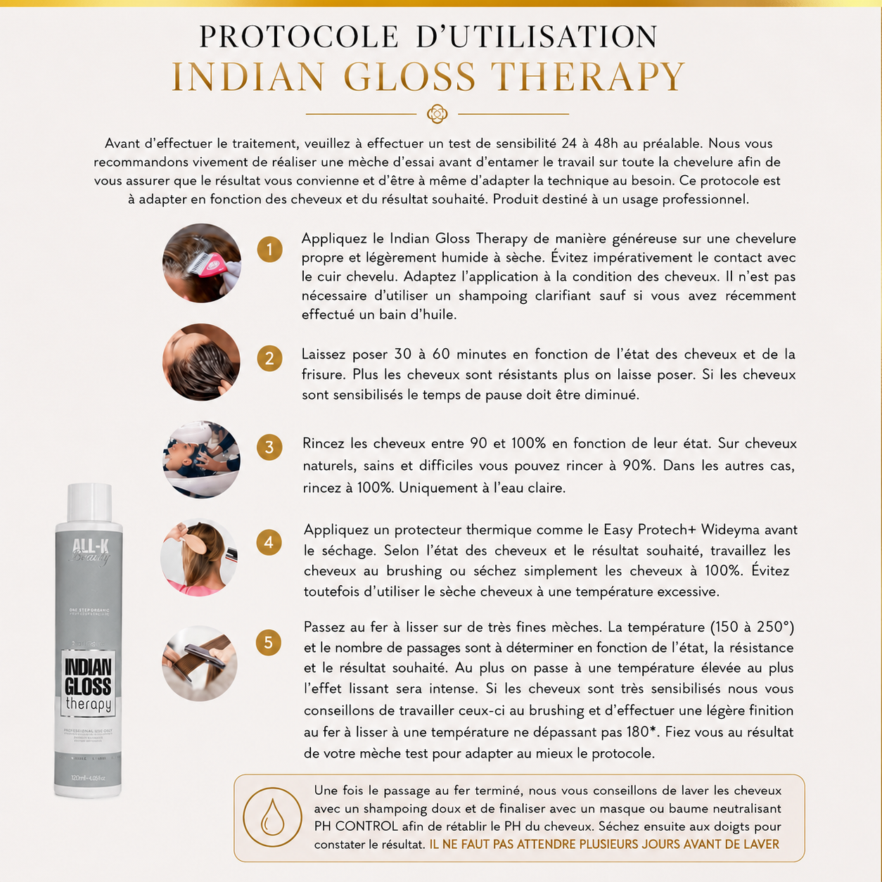 Étapes d’utilisation Indian Gloss Therapy  – protocole complet de lissage professionnel pour cheveux