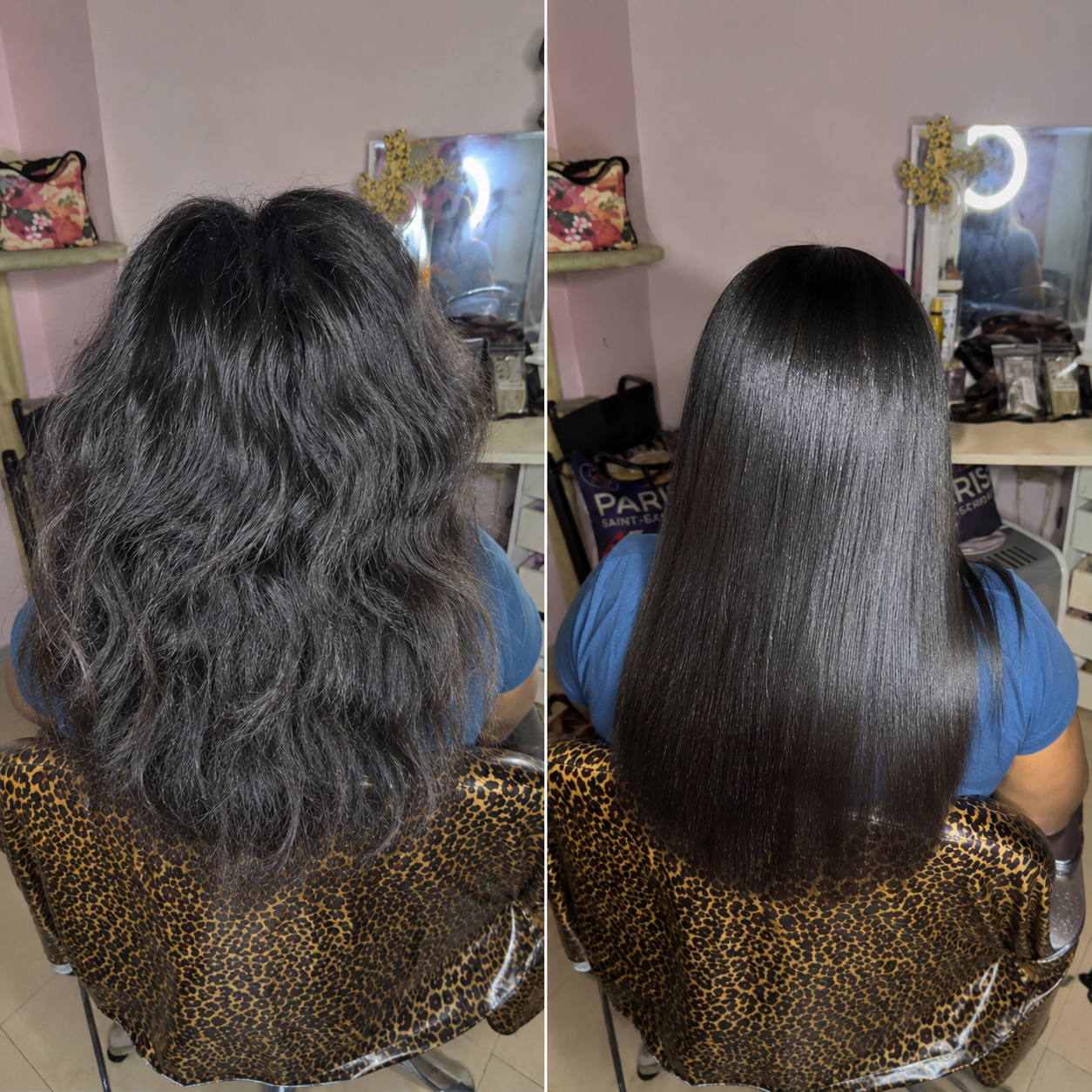 Avant après lissage brésilien Fast Wideyma, cheveux épais avant traitement puis ultra lisses, brillants, soyeux et sans frisottis après le lissage professionnel