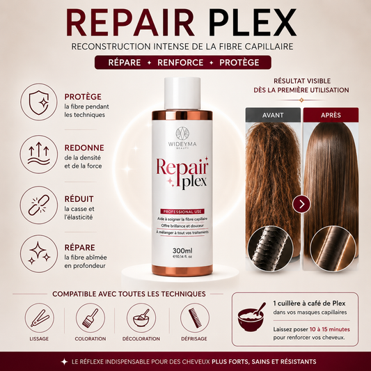 Repair Plex Wideyma 300 ml – soin reconstructeur capillaire professionnel pour réparer la fibre abîmée, réduire la casse, renforcer les cheveux et protéger lors des lissages, colorations et décolorations.