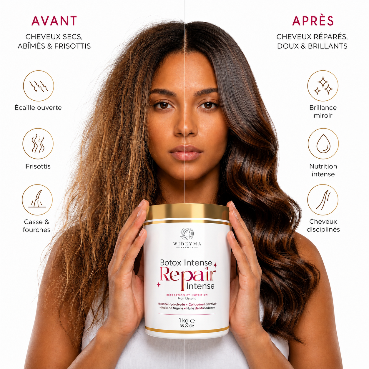 Avant après Botox capillaire Intense Repair Wideyma – réparation des cheveux secs, poreux, abîmés et sensibilisés – réduction des frisottis, nutrition intense, douceur et brillance miroir