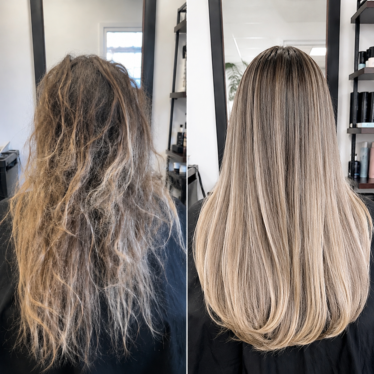 Soin réparateur pour cheveux très abîmés, secs, poreux et cassants. Avant après réparation de la fibre capillaire, hydratation intense, cheveux brillants, doux, soyeux et anti-frisottis.