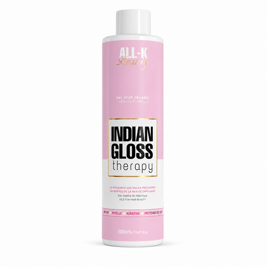 Lissage Indien Indian Gloss Therapy ALL-K Beauty 1000 ml – huile de ricin, huile de nigelle, kératine et protéines de soie pour des cheveux lisses, brillants et disciplinés