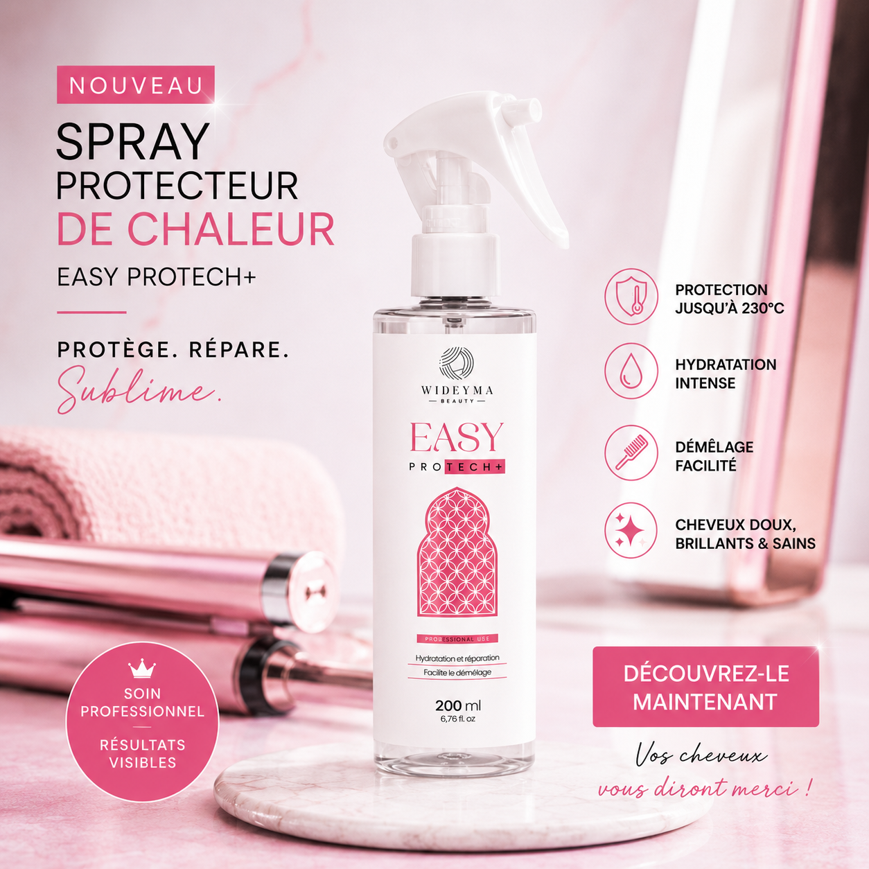 Spray thermoprotecteur cheveux avant lissage et brushing Easy Protech+ Wideyma – protection contre la chaleur, hydratation et brillance des cheveux.