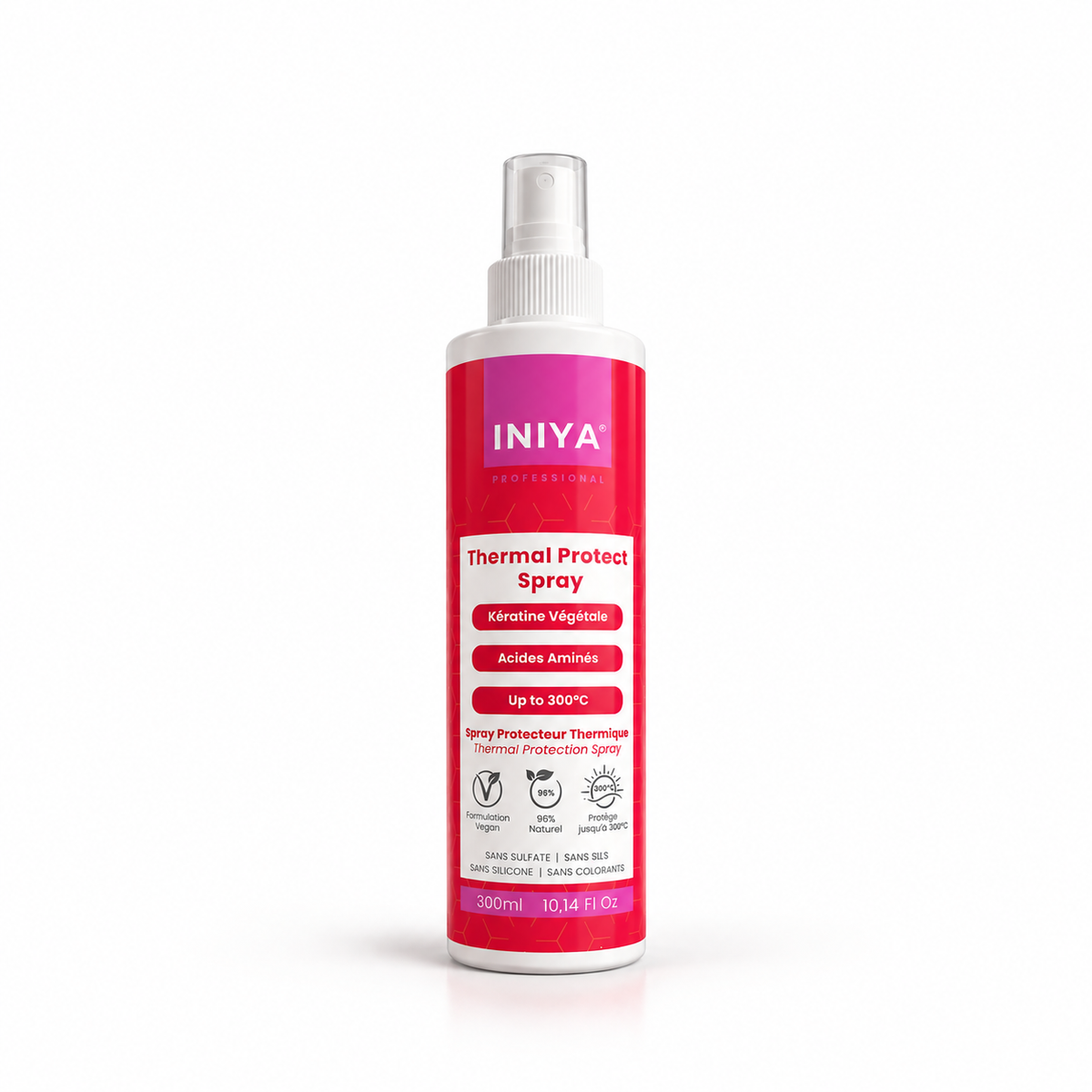 Spray protecteur thermique cheveux INIYA 300 ml sans silicone, kératine végétale, protection chaleur jusqu’à 300 °C