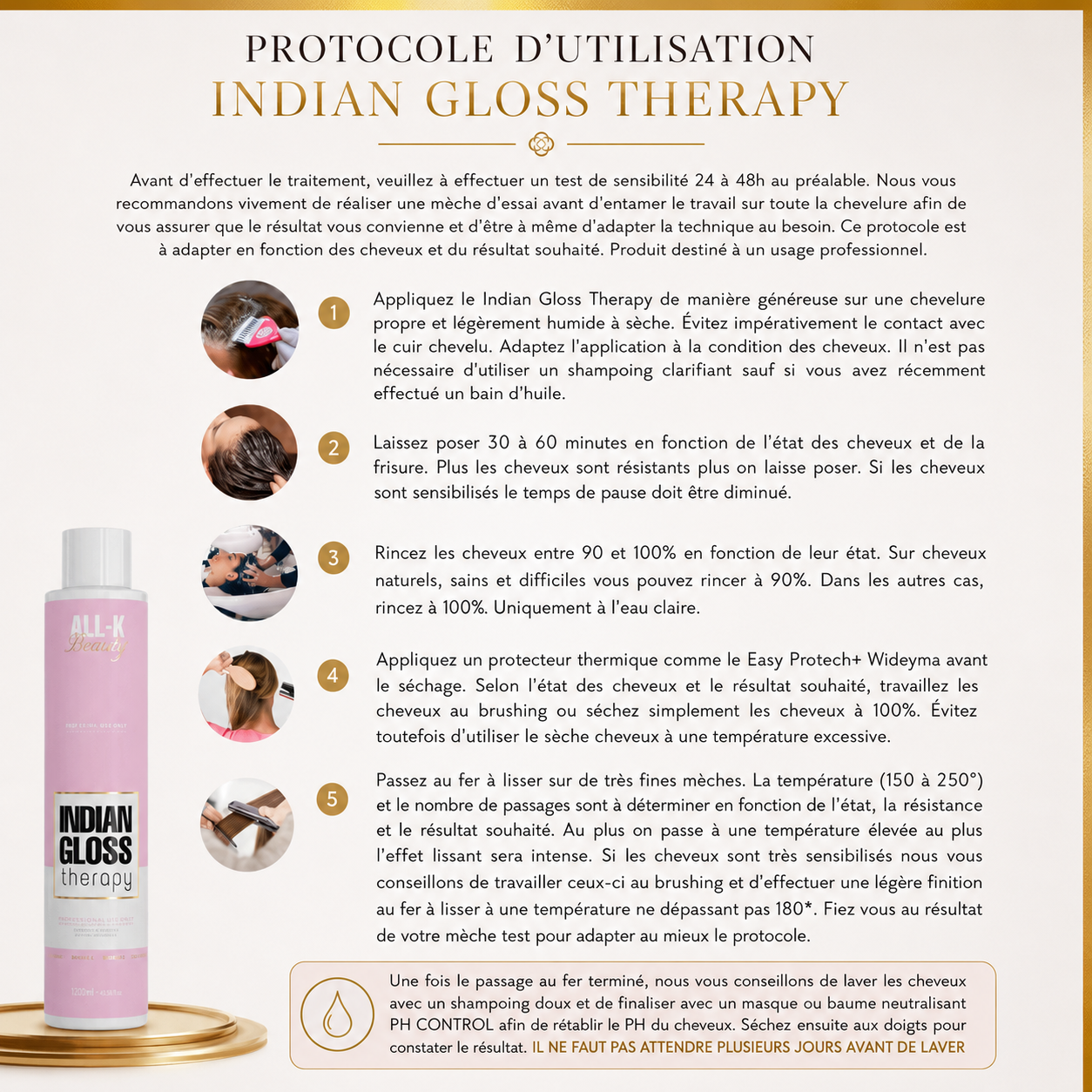 Protocole complet du lissage indien Indian Gloss Therapy avec temps de pose, rinçage et températures